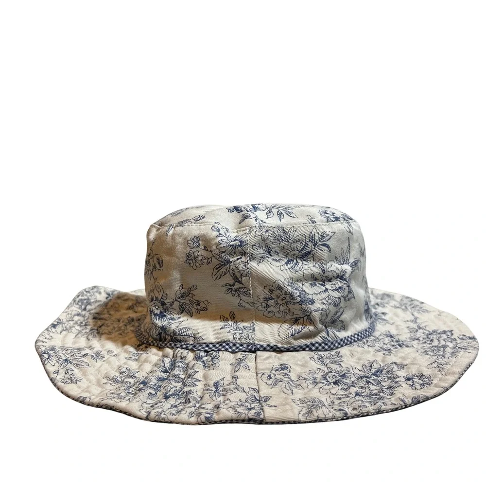 Scala Gal Dorfman Pacific Reversible Sun Hat Blue Floral Toile Gingham Wide Brim